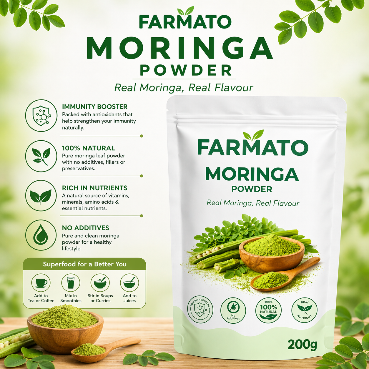 Natural Moringa Powder | Drumstick Leaf Powder for Energy, Immunity, Digestion & Skin Health | 100% Pure Superfood