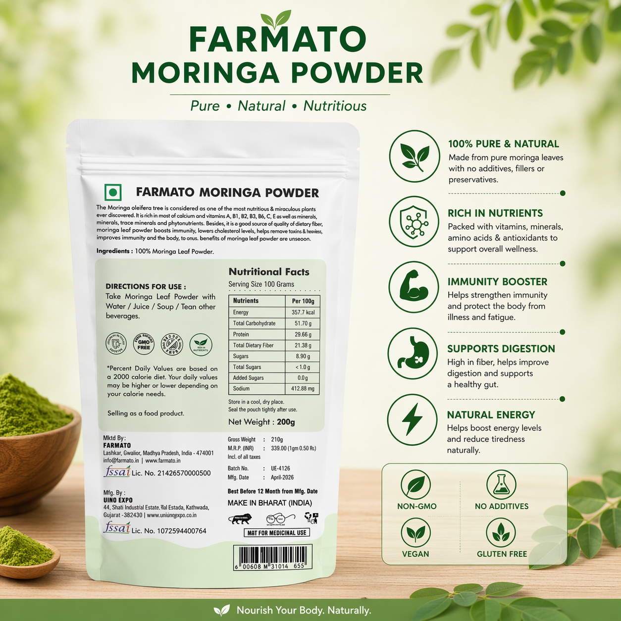 Farmato Moringa Powder 400g (200g Pack of 2) Rich in Vitamins, Minerals & Antioxidants